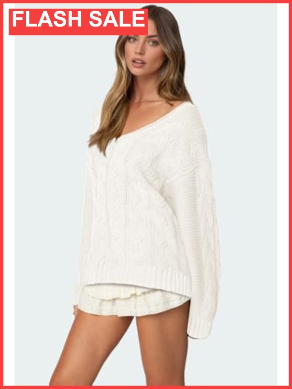 Oversized Cable Knit V-Neck Long Sleeve Pullover Sweater - Picture 2 of 6